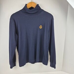 Lauren Ralph Lauren Navy Mock Neck Long Sleeve Shirt L Embroidered Crest Vtg Y2K